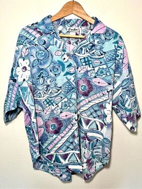 Vintage Caribou Abstract Button Up Blouse Blue Purple Pink Retro Oversized